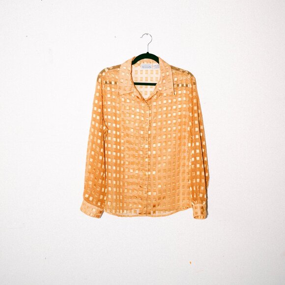 Vintage 90s Basic Edition Sheer Gold Long-Sleeve Blouse w/ Textured Squares - Picture 1 of 6
